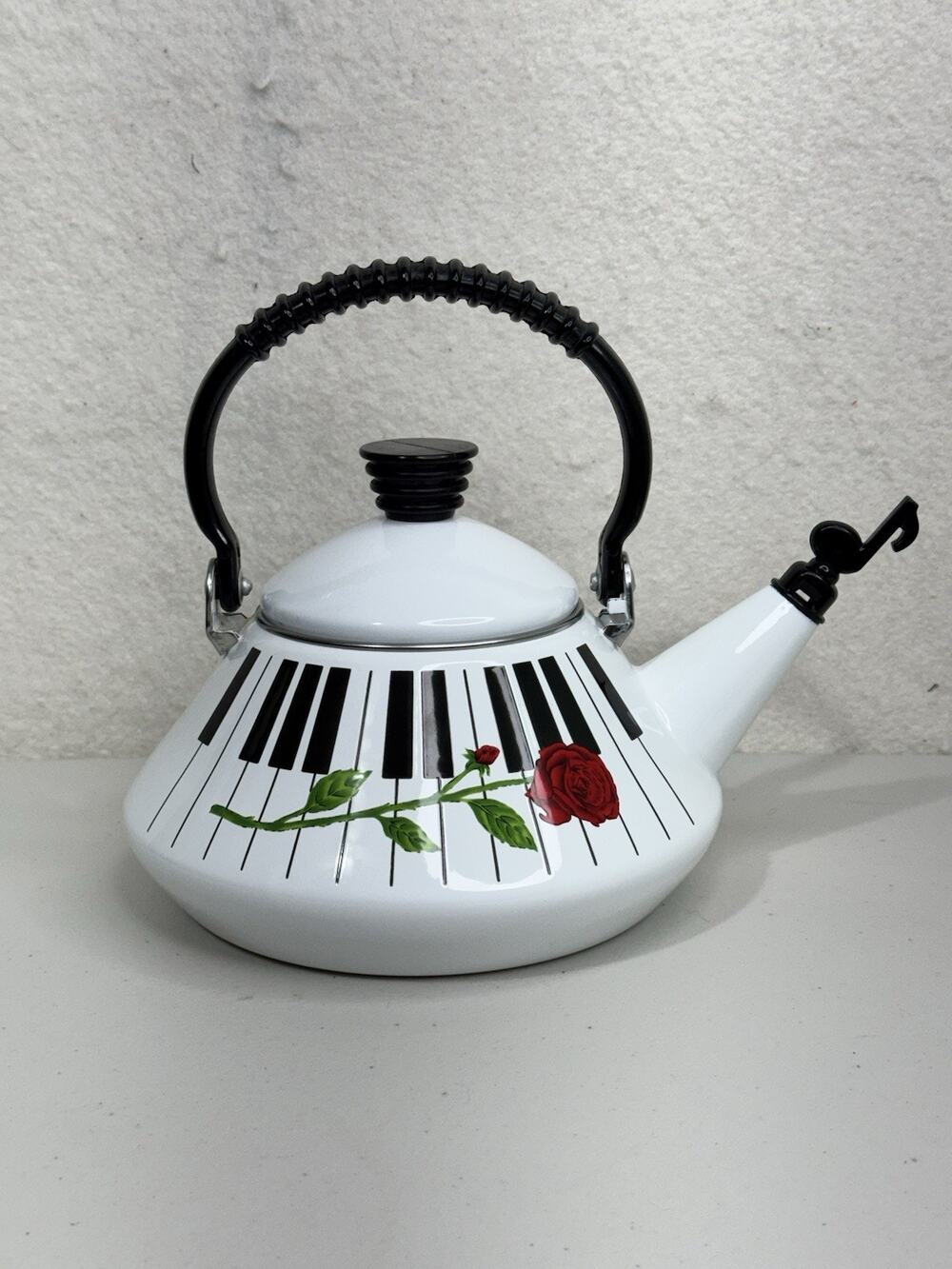 White Enamel Stovetop Whistling Musical Tea Kettle Red Rose Piano Keyboard VTG